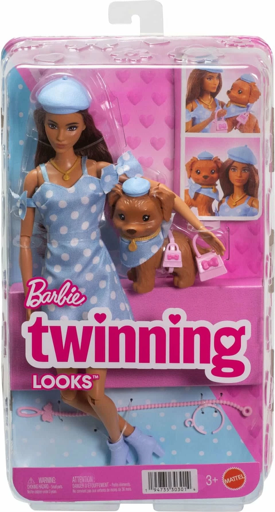 Kukull Barbie Mattel Twinning Looks JFP38, me qen, veshje me pika, blu