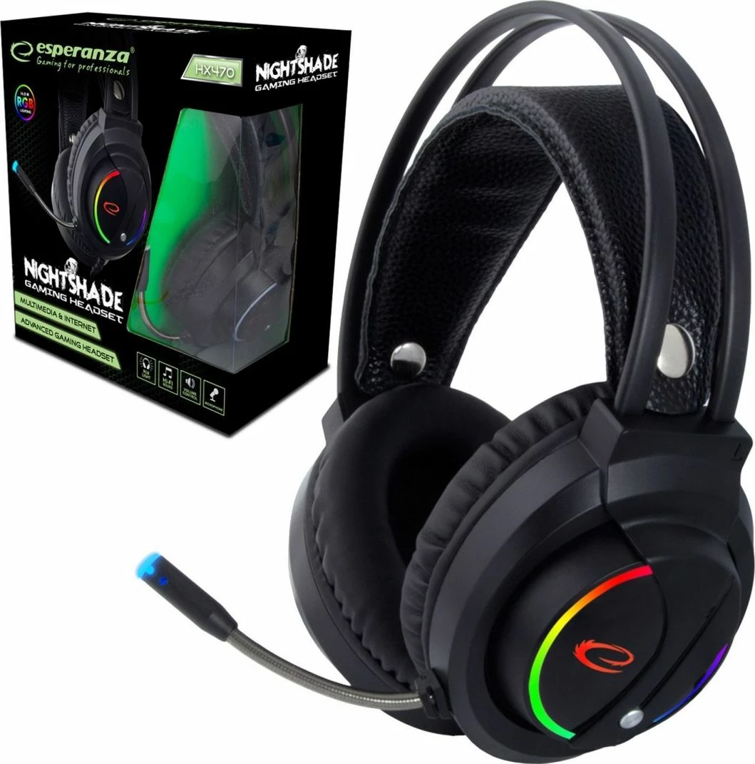 Kufje gaming Esperanza NightShade EGH470 me mikrofon, me kabllo 2 m, 3.5 mm/USB, ndriçim RGB, të zeza