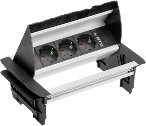 Prizë e integrume tavoline GTV AE-PBC3GS-53BKS, 3x220V (3x Schuko 16A), kabllo 1.5m, IP20, alumini, argjendt/zezë