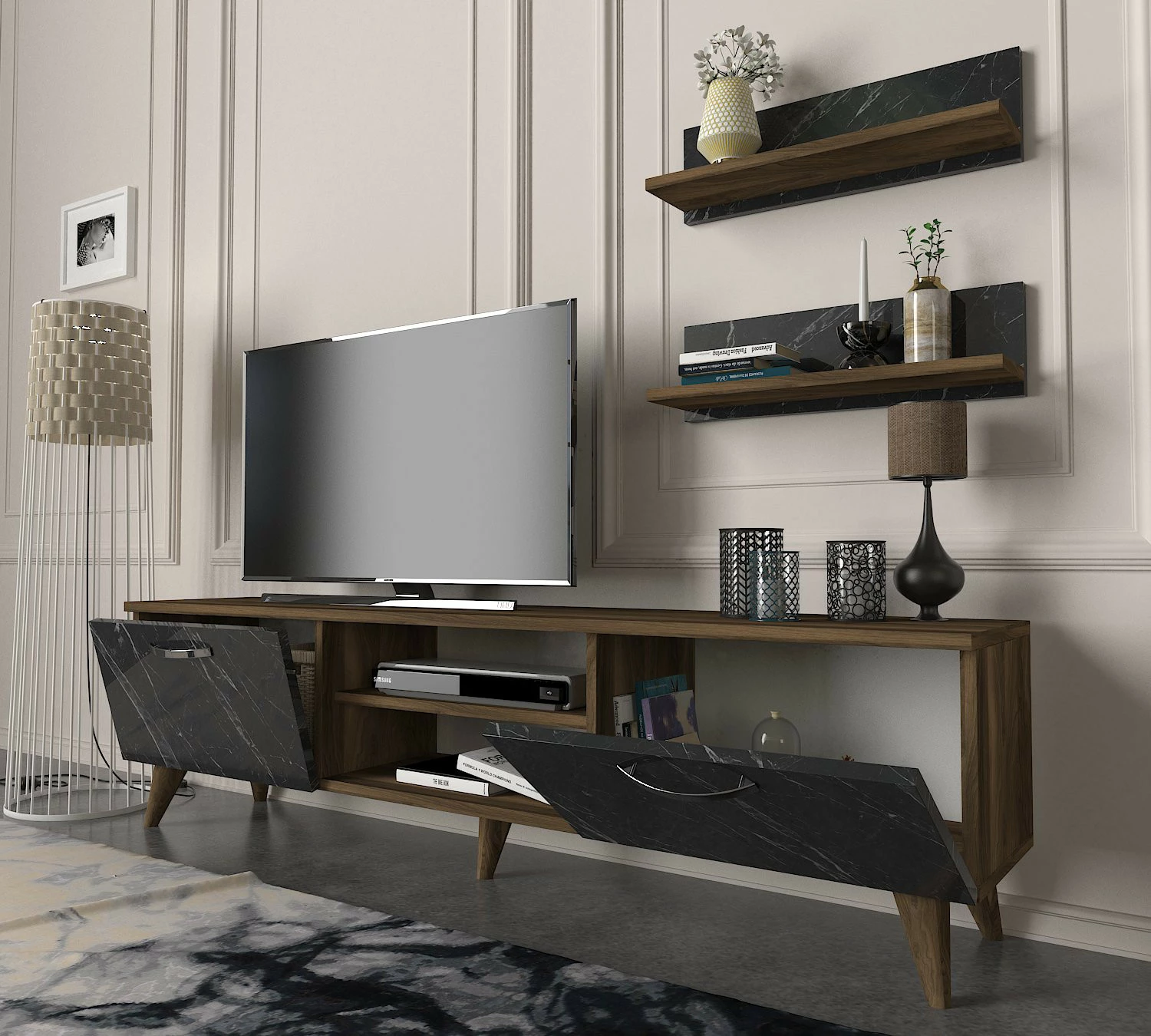 Njësi TV Skye Decor, Ayden, ngjyrë arre dhe mermeri