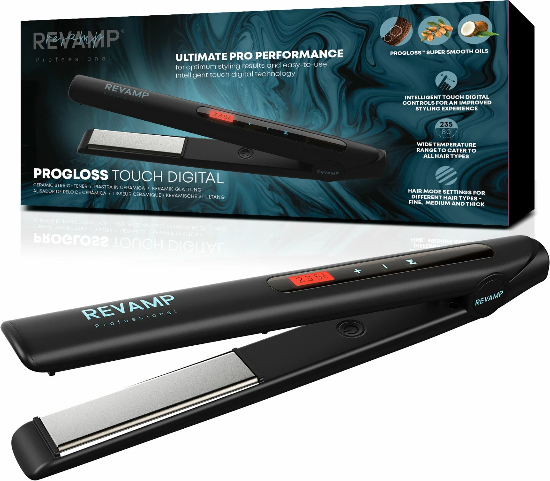 Drejtues flokësh Revamp Progloss Touch Digital ST-1500, 80-235°C, pllaka qeramike, i zi