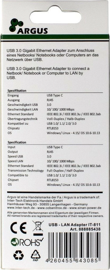 Pajisje rrjetë Inter-Tech ARGUS IT-811, Chipset Realtek RTL8153, E zezë