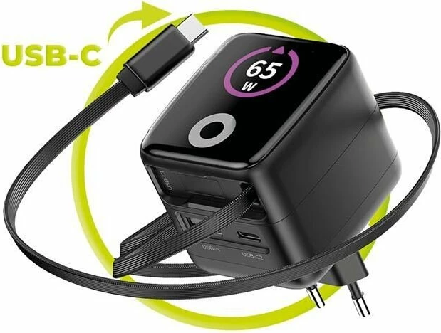 Karikues Mobile Origin PW3 (MO-65WDCH-PW3) 65W GaN, TFT display, 1x USB-A + 1x USB-C, kabllo USB-C e integrume, i zi