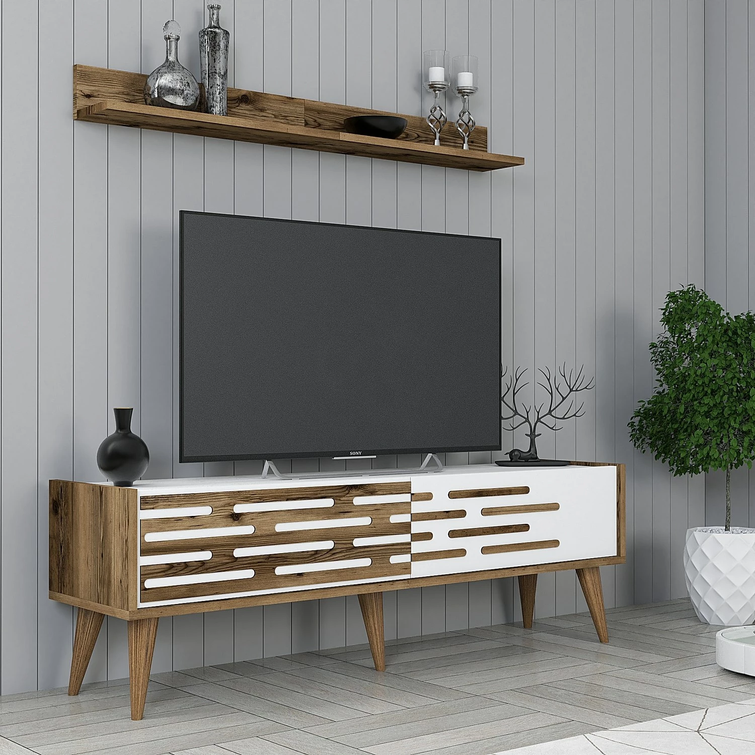 Komodë TV Valensiya 140, ngjyrë arrë dhe e bardhë, Skye Decor