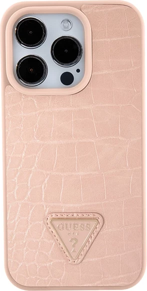 Mbështjellës Guess Croco Triangle Metal Logo për iPhone 15 Pro Max, Rozë
