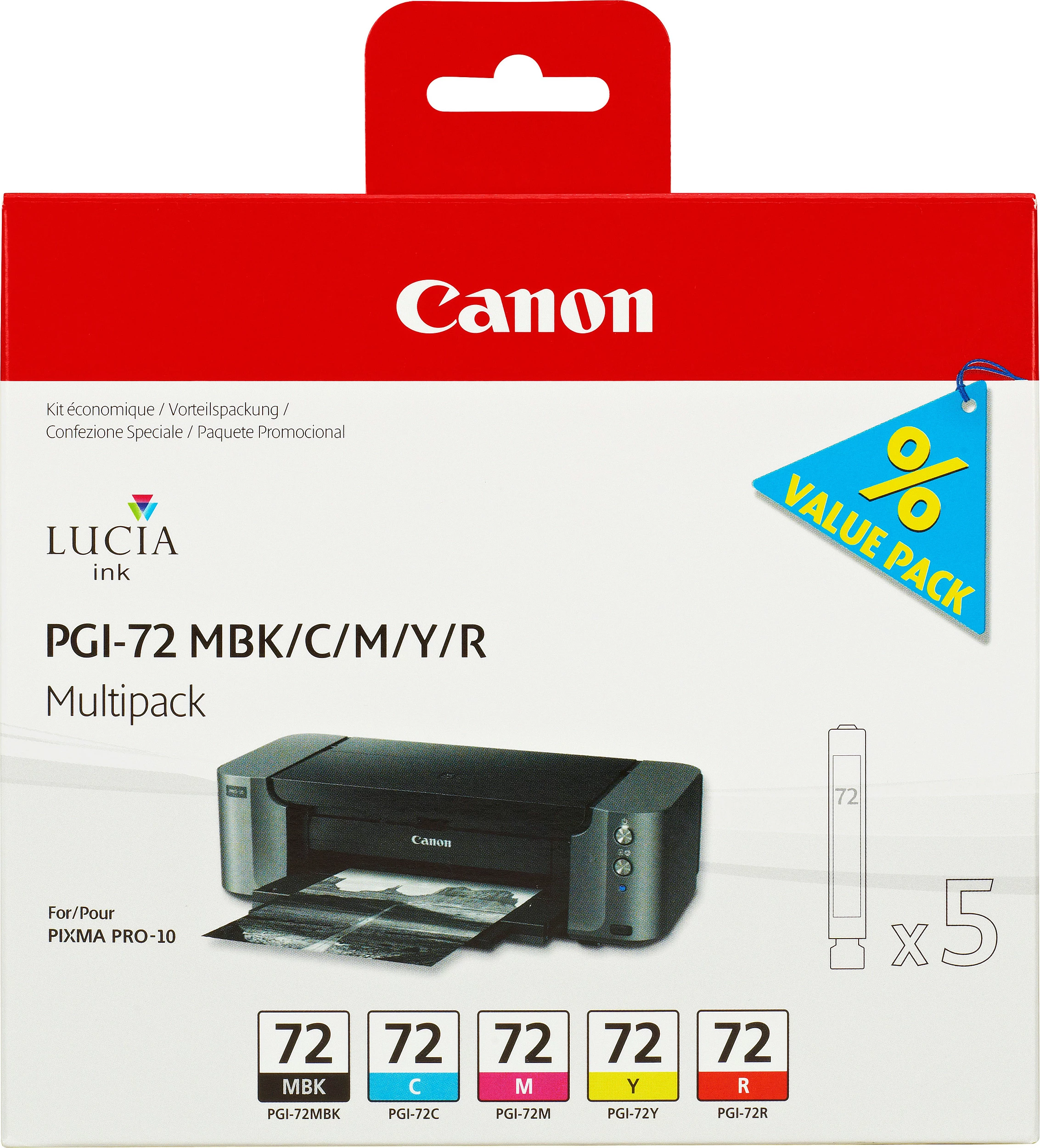 Toner Canon PGI-72 MBK/C/M/Y/R, Multipack, 5 copë, Standard Yield, Cyan, Magenta, Matte Black, Red, Yellow