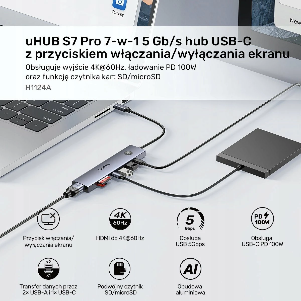 Hub USB-C Unitek H1124AGY01 7-në-1, 4K@60Hz, PD 100W, HDMI On/Off, 5 Gbps, Space Grey