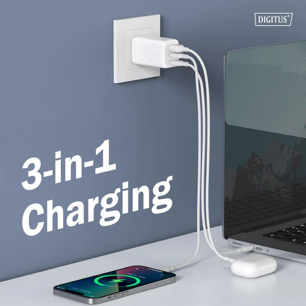 Karikues muri Digitus DA-10303 GaN II 67W, 2x USB-C, 1x USB-A, e bardhë