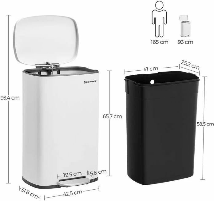 Kosh mbeturinash me pedal metalik SONGMICS LTB101W01V1 50 L me kovë të brendshme mbyllje e butë, i bardhë