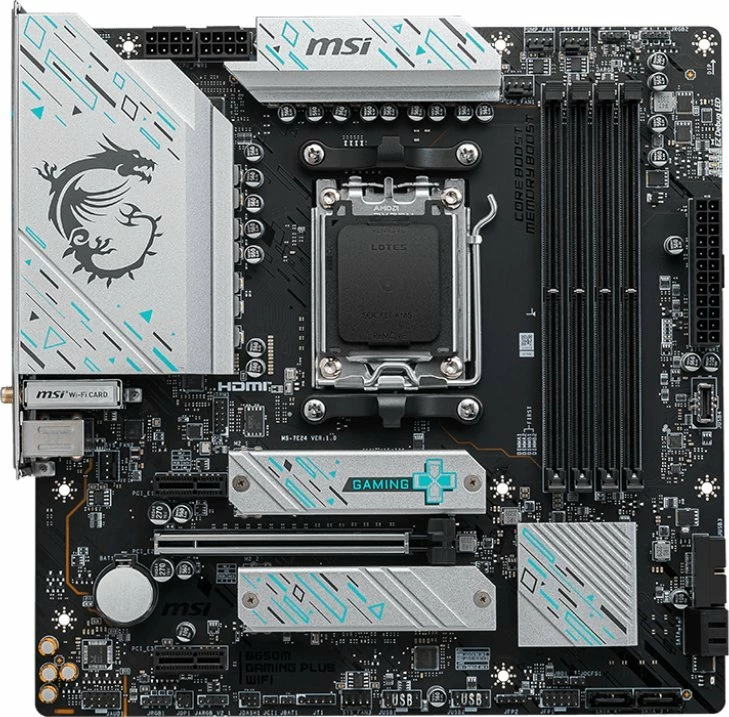 Pllakë amë MSI B650M GAMING PLUS WIFI, Micro ATX, DDR5, Wi‑Fi 6E, Bluetooth 5.2, LAN 2.5GbE, e zezë/argjendtë, set me antenë WiFi