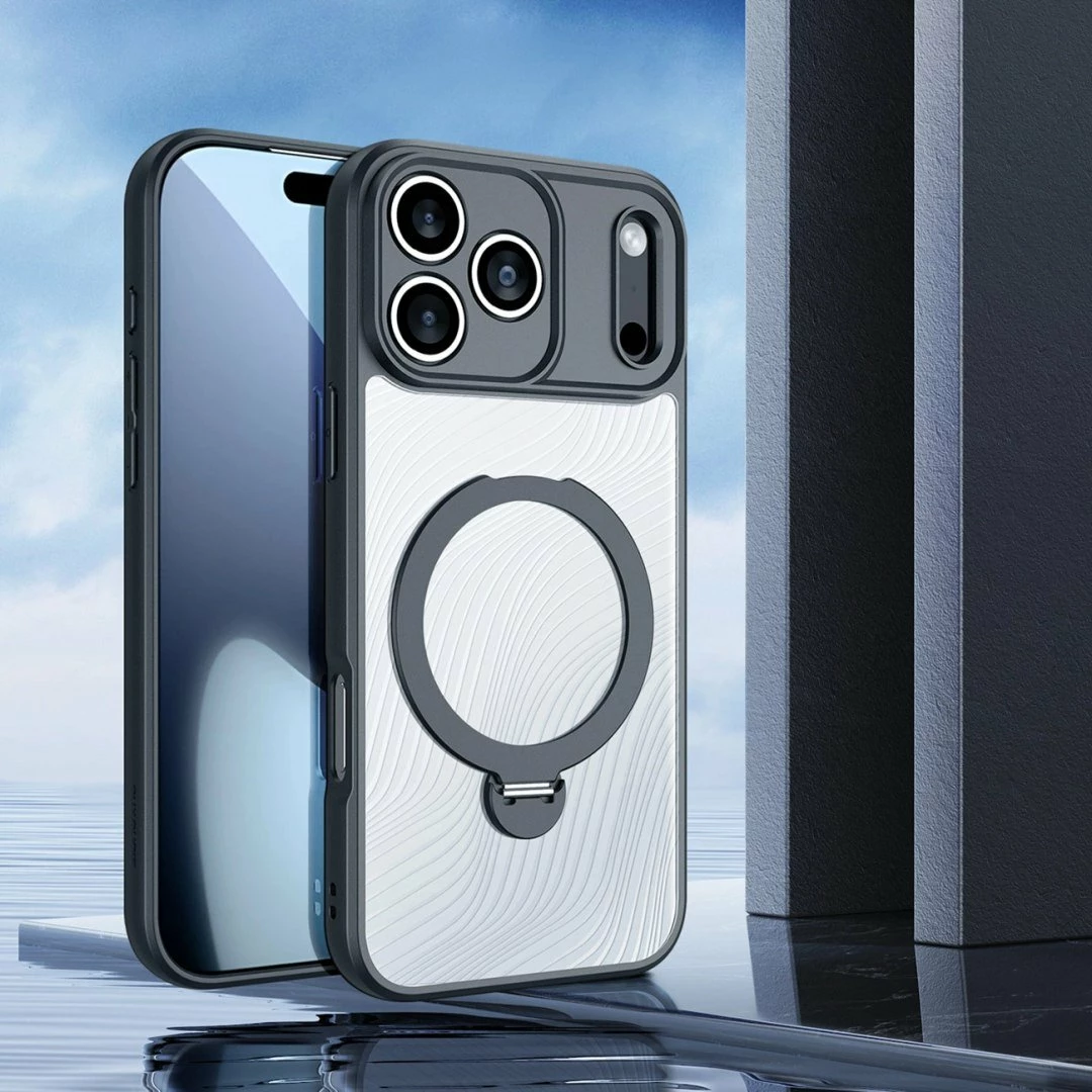Mbështjellës DUXDUCIS Aimo Mag për iPhone 17 Pro, unazë magnetike me stand, karikim wireless, TPU/PC, i zi