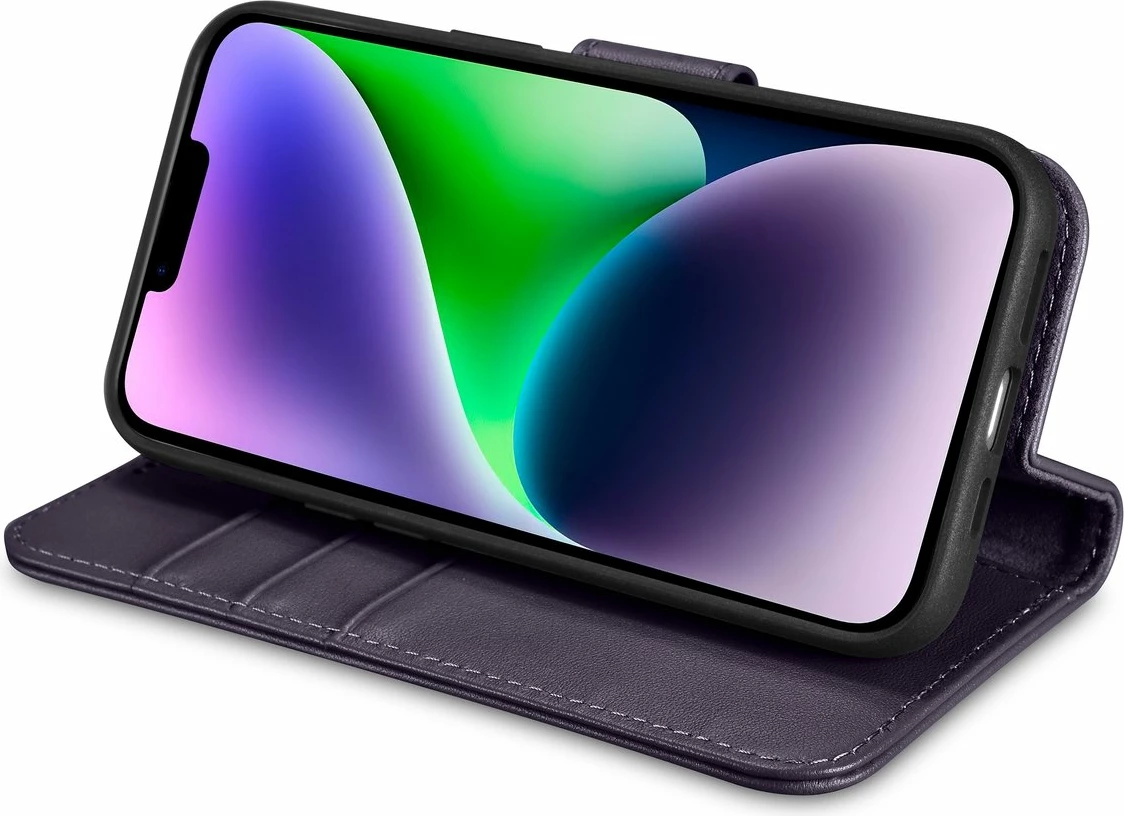 Mbështjellës iCarer Wallet Case 2in1 për iPhone 14 Plus, lëkurë natyrale, Anti-RFID, Vjollcë e errët