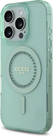 Mbështjellës Guess IML Rhinestones MagSafe për iPhone 16 Pro, Gjelbër