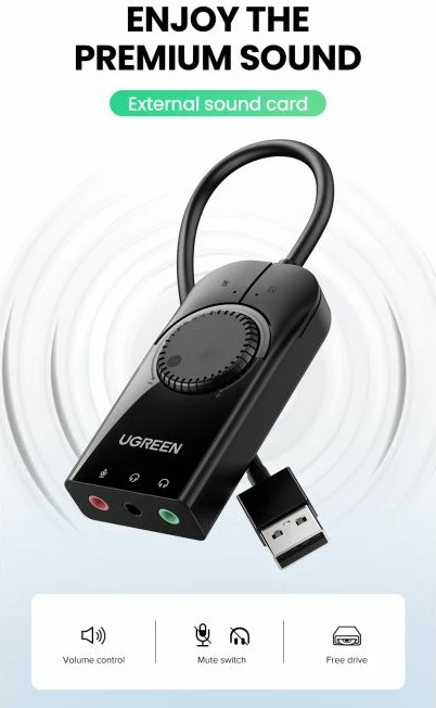 kartë zëri USB e jashtme UGREEN 40964, USB 2.0, 3x 3.5mm, kontroll volum + mute, e zezë