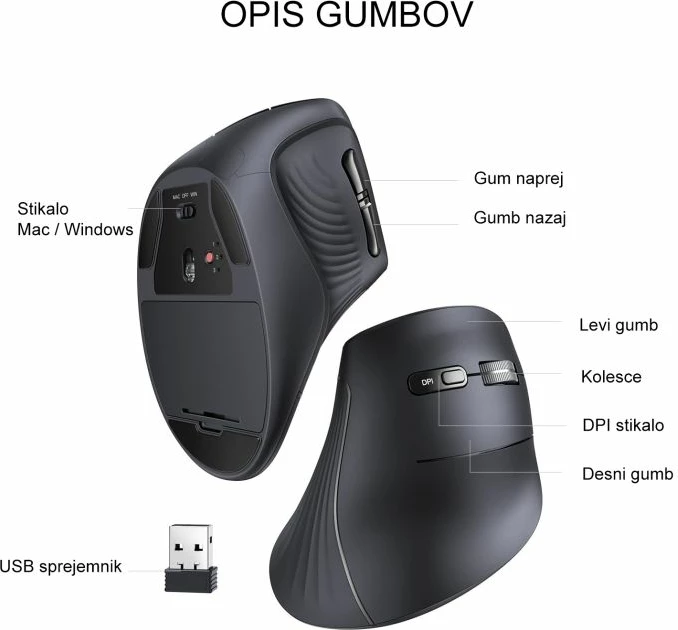 Maus vertikal pa tela UGREEN 25444, Bluetooth 5.0 + 2.4GHz, DPI 1000-4000, i zi