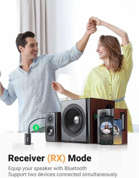 Adapter Bluetooth 5.1 transmiter/marrës 2-në-1 UGREEN 60300, AUX 3.5mm + USB-A, i zi, me kabllo AUX