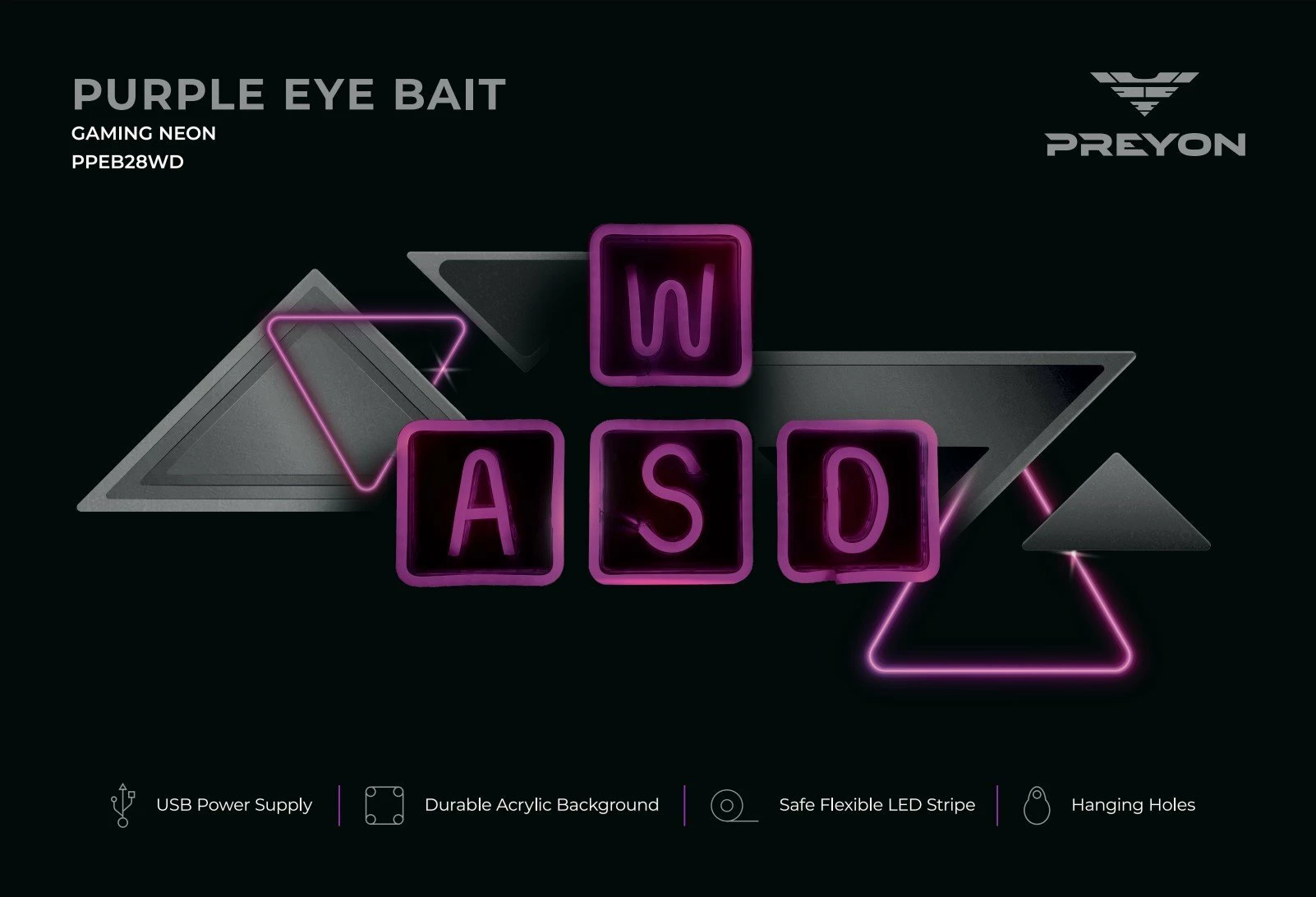 Neon LED murale për gaming PREYON Purple Eye Bait PBEB28WD, USB, 42x28.5 cm, vjollcë