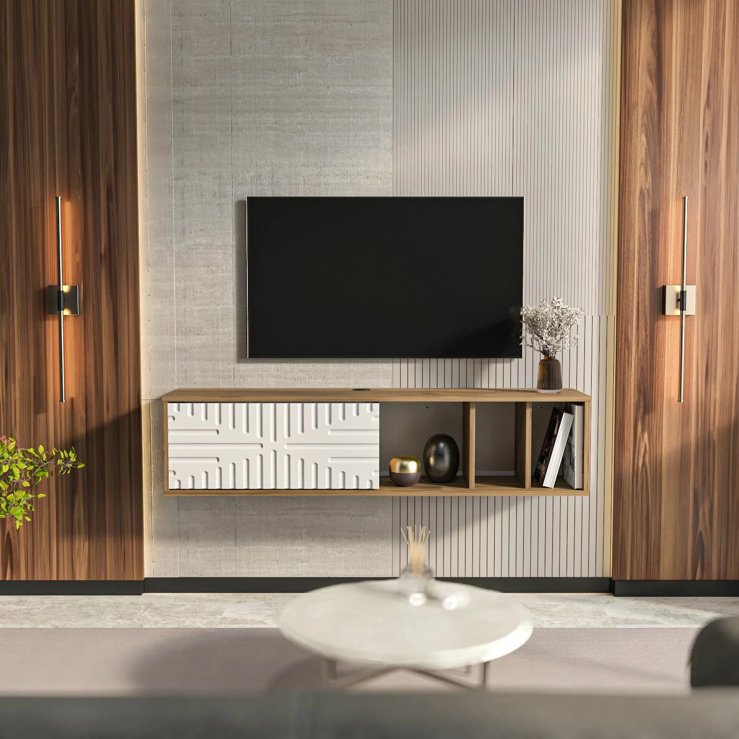 Komodë TV e varur Teo, ngjyrë arre dhe e bardhë, Skye Decor
