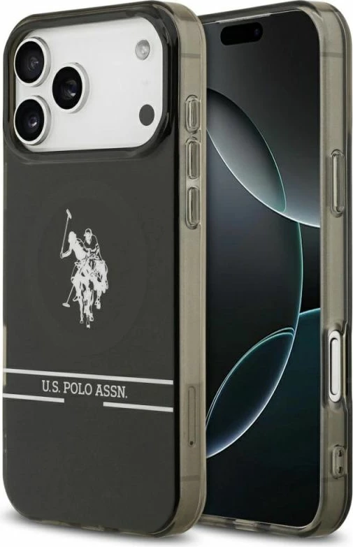 Kapak telefoni US Polo DH and Bottom Stripe Logo MagSafe për iPhone 17 Pro Max, i zi