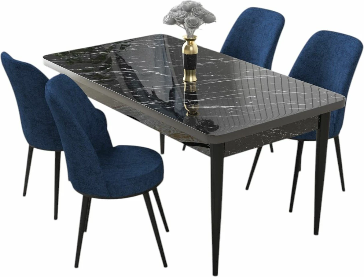 Set tavoline me karrige për ngrënie (5 copë), Skye Decor, ngjyrë mermeri të zi, karrige blu e errët