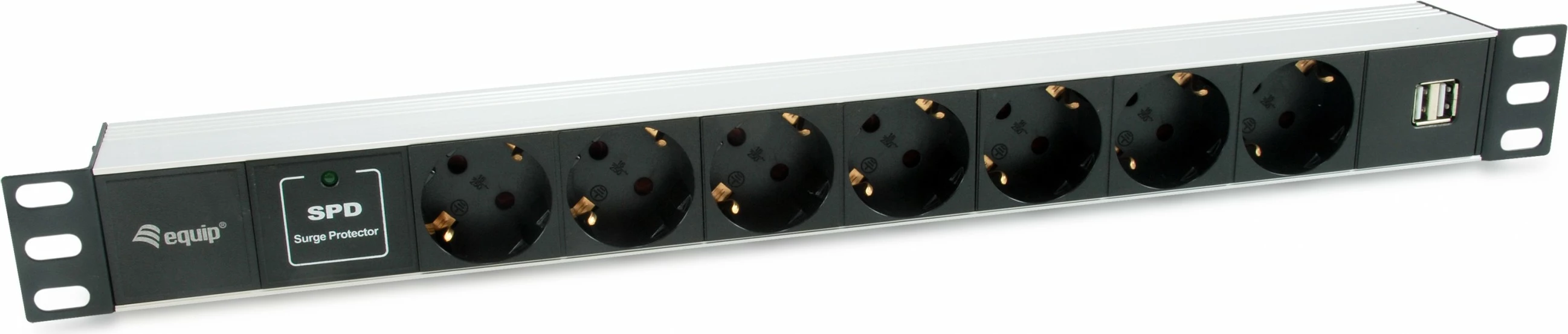 PDU Equip 333315, 1U, 7 prizë, 2 USB, alumini, zi/argjendtë