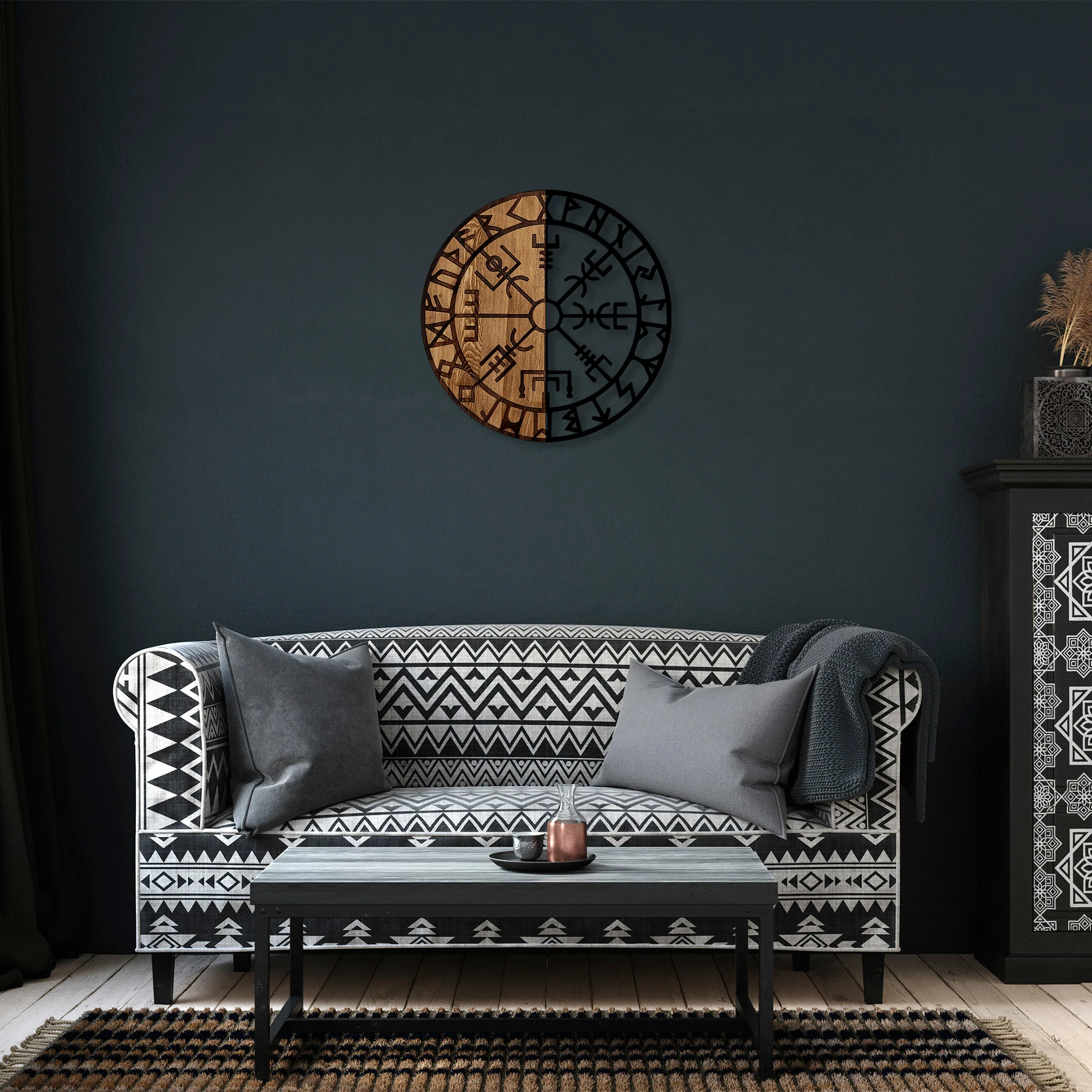 Aksesor dekorativ prej druri për mur, Wallity Vegvisir - 331, ngjyrë e zezë dhe arre, 56cm