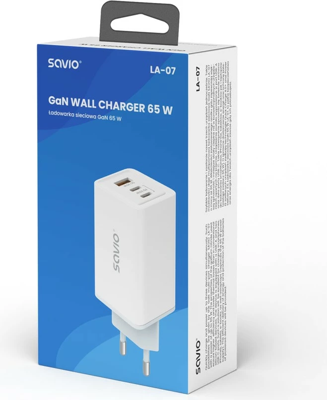 Mbushës muri Savio LA-07, 65W, GaN, 2x USB-C, 1x USB-A, i bardhë