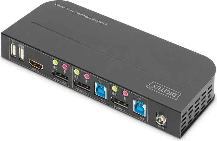 KVM switch Digitus DS-12850, 2 porta, 4K 60Hz, DisplayPort/HDMI, e zezë