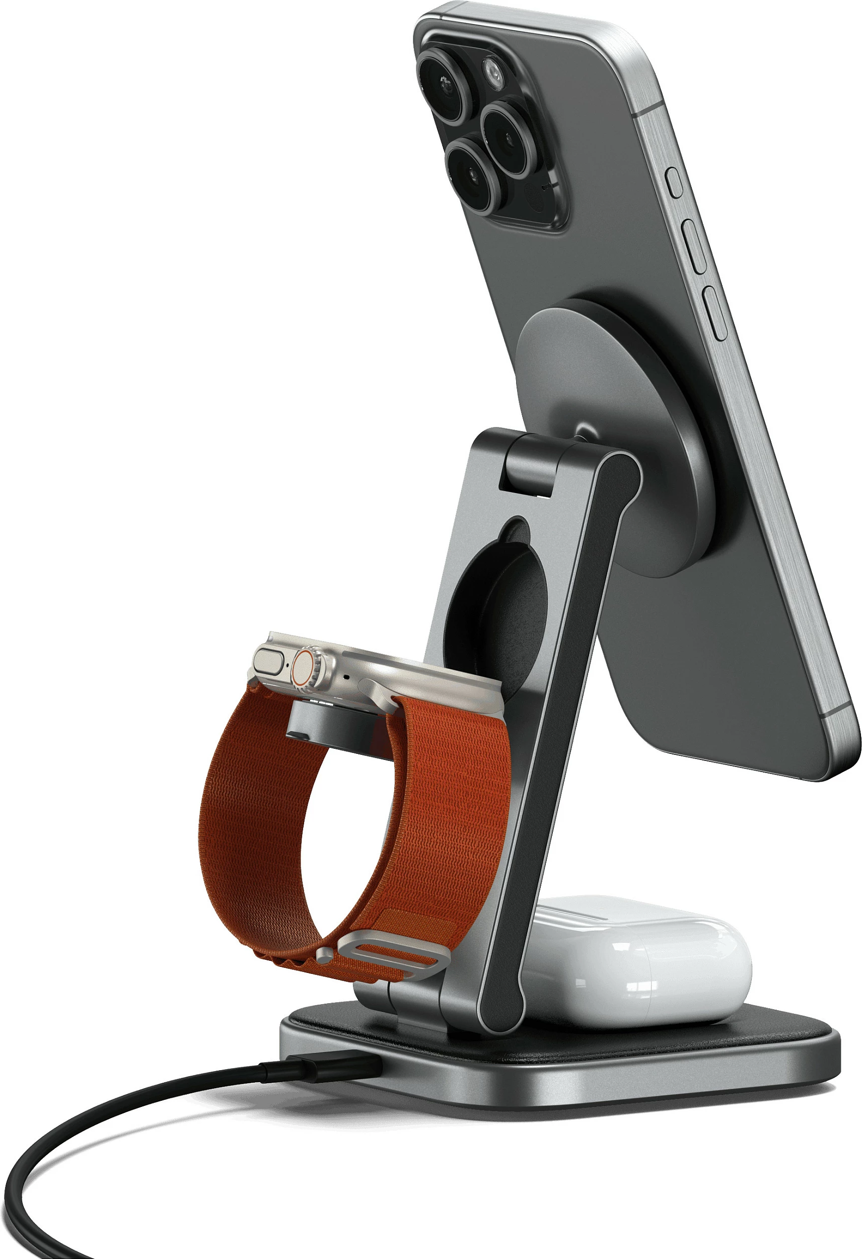 Stendë karikimi pa tela Satechi 3-in-1 Foldable Qi2, e palosshme, gri e errët