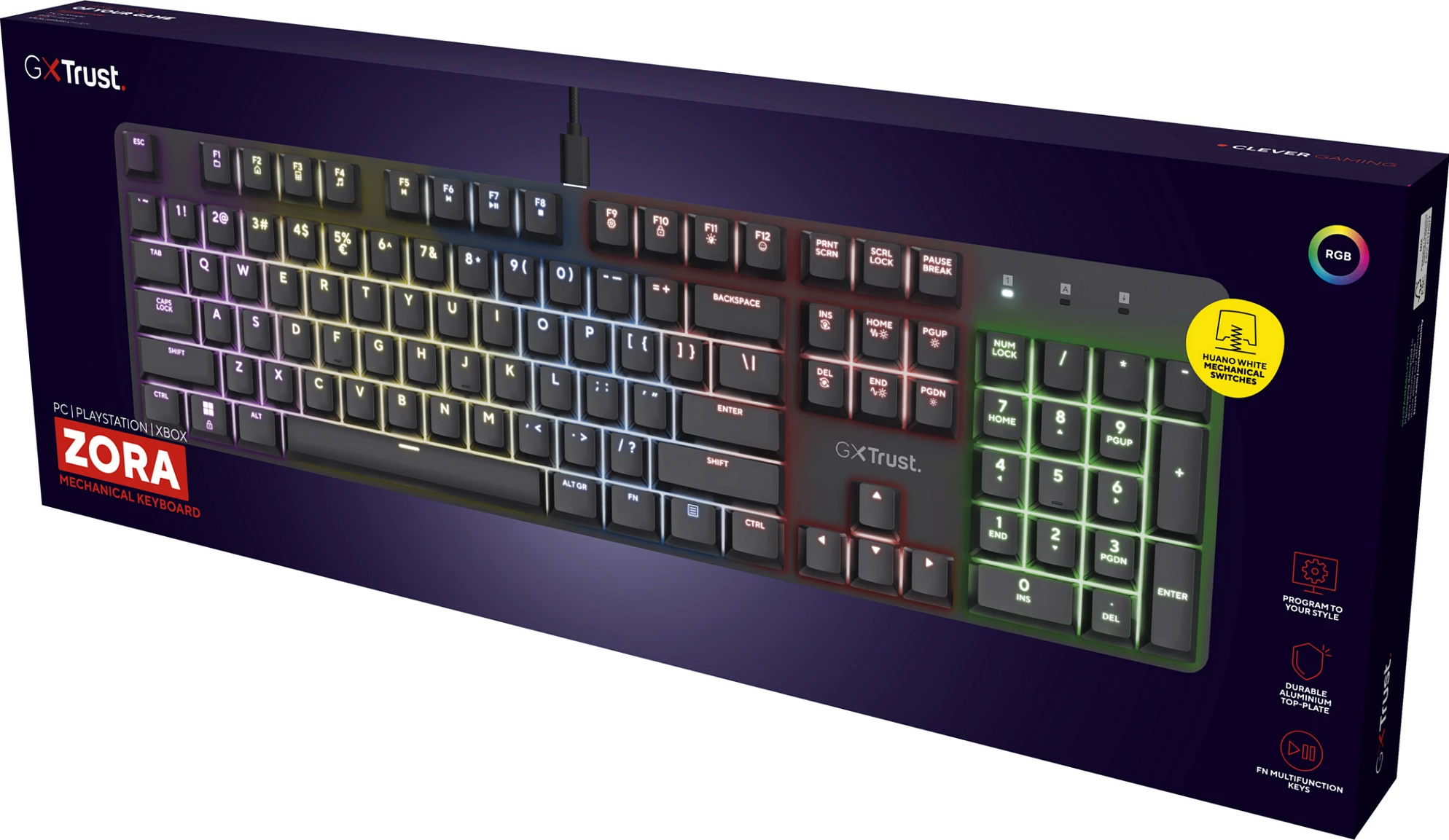 Tastierë mekanike Trust GXT 871 Zora, full-size 100%, USB, RGB, layout gjerman, e zezë