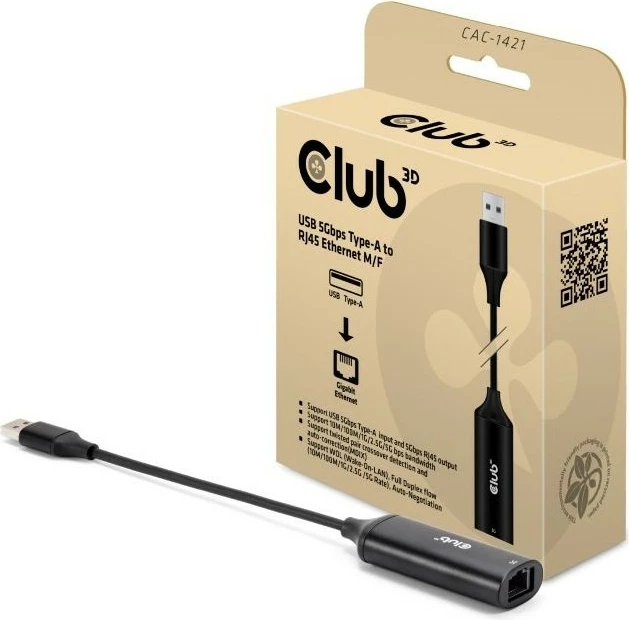 Adapter Club3D USB Type-A në RJ45 5Gbps, i zi