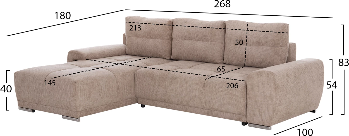 Kënd-sofë shtrati majtas, material bezhë, COMFYRA FH3336.03L, 270x181x75cm