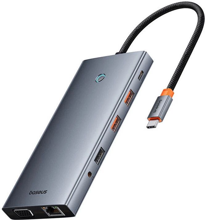 Hub Baseus PortalJoy 13in1, USB-C në HDMI+DP+VGA+C+USB+PD+RJ45+SD/TF+3.5mm, Gri