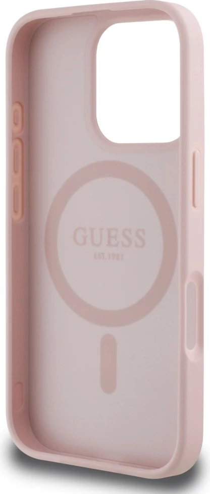 Mbështjellës Guess Grained Hot Stamp Peony Triangle Logo MagSafe për iPhone 16 Pro, Rozë