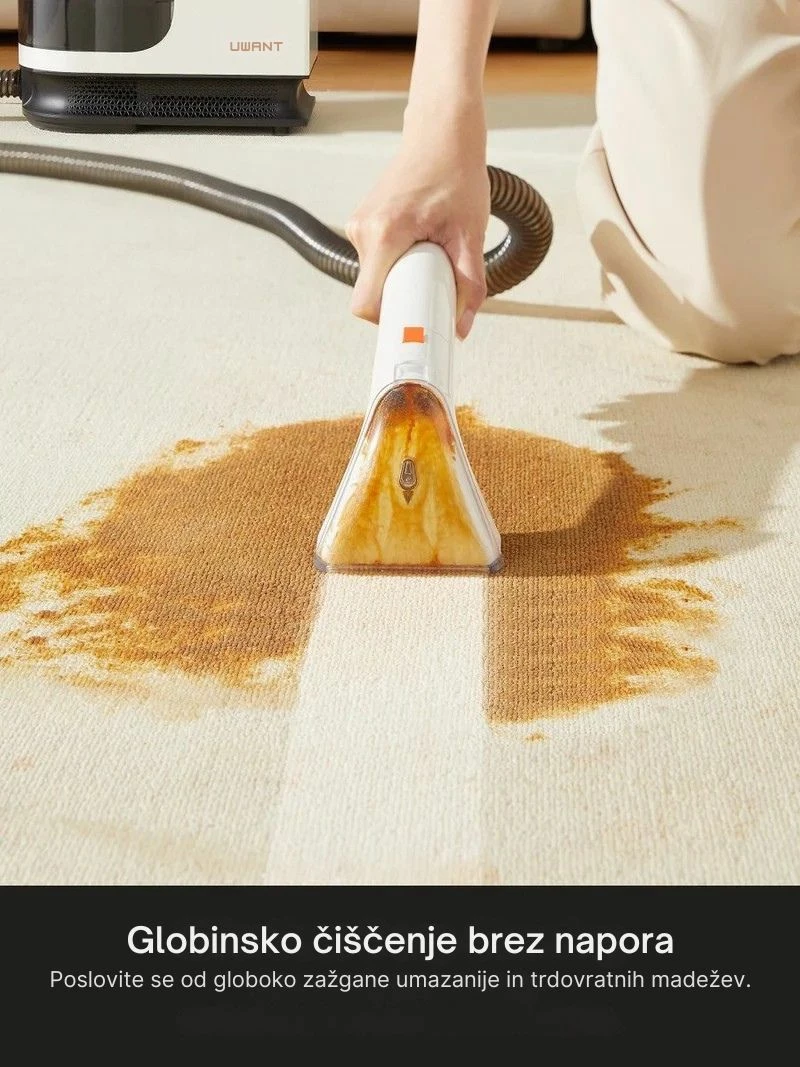 Pastrues i thellë me ujë të nxehtë për qilima dhe tapiceri Uwant B300 Pro 18000 Pa 600 W depo 1.2/1.4 L, me aksesorë + pastrues tekstili 500 ml, bardhë/portokalli