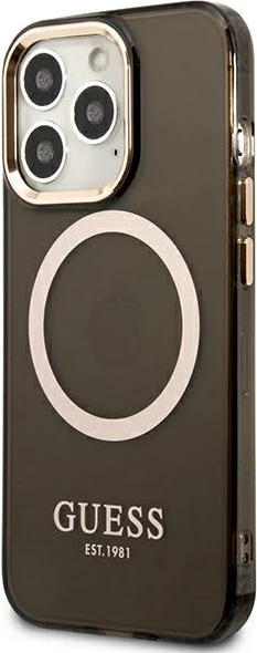 Mbështjellës Guess Gold Outline Translucent MagSafe për iPhone 13 Pro / iPhone 13, i zi