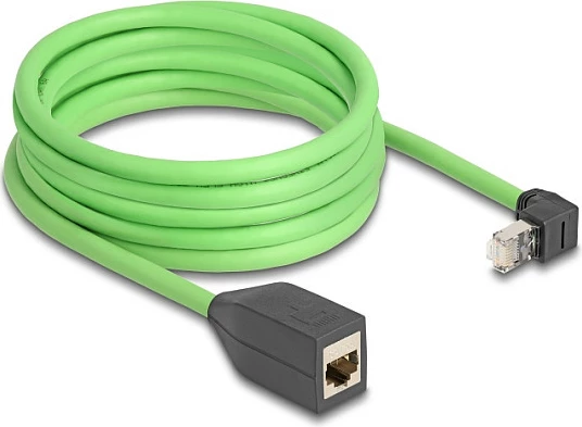 Kablë zgjatëse rrjeti DeLOCK RJ45 Cat6a 5 m, prizë këndore në lart në fole, S-FTP, PUR/TPU, e gjelbër