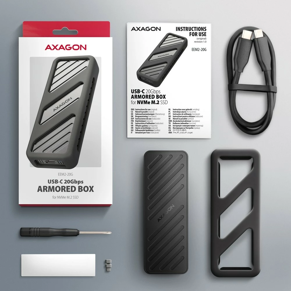 Kasë e jashtme AXAGON EEM2-20G për SSD M.2 NVMe, USB-C 3.2 Gen 2x2, 20Gbps, Alumini, E zezë