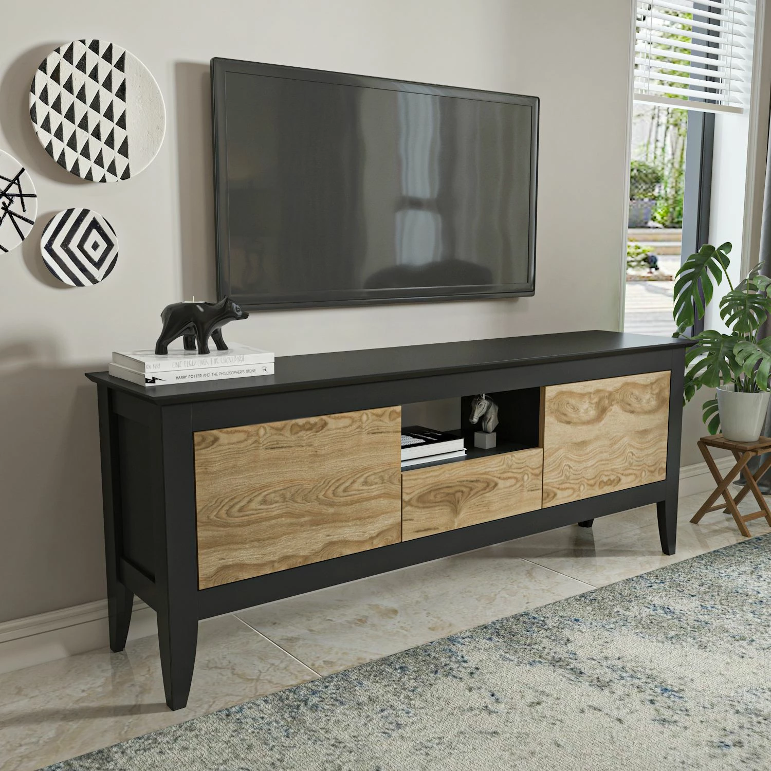 Komodë TV Skye Decor, moderne, ngjyrë e zezë dhe lisi oud
