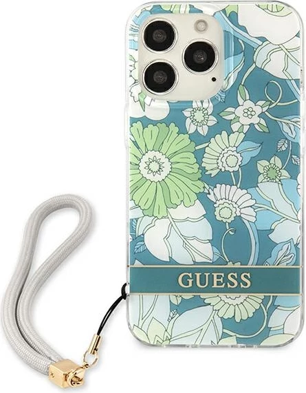 Mbështjellës Guess Flower Strap për iPhone 13 Pro Max 6.7", i gjelbër me lule dhe rrip dore