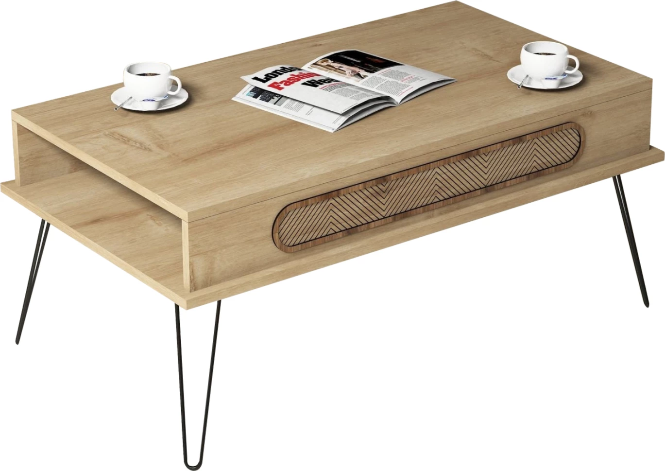 Tavolinë kafeje melamine, ngjyrë lisi, këmbë metalike, FH9500.01, 105x56x45.8H cm