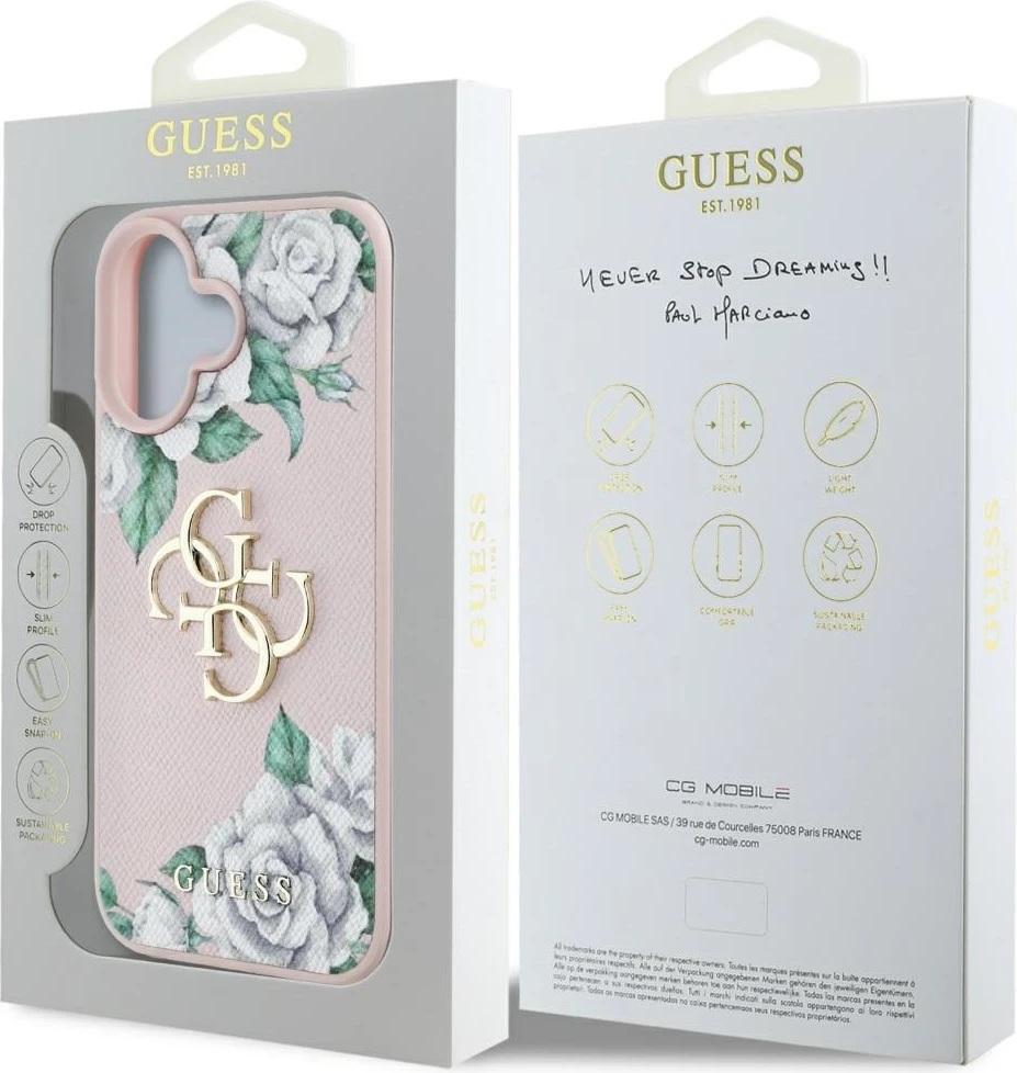 Mbështjellës Guess Grained Roses Big 4G logo për iPhone 16, Rozë