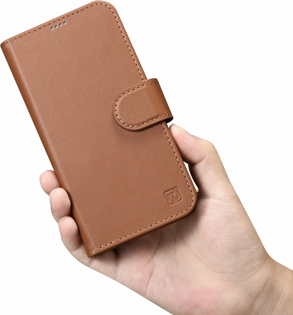 Mbështjellës iCarer Wallet Case 2in1 për iPhone 14 Pro Max, lëkurë natyrale, Anti-RFID, Kafe