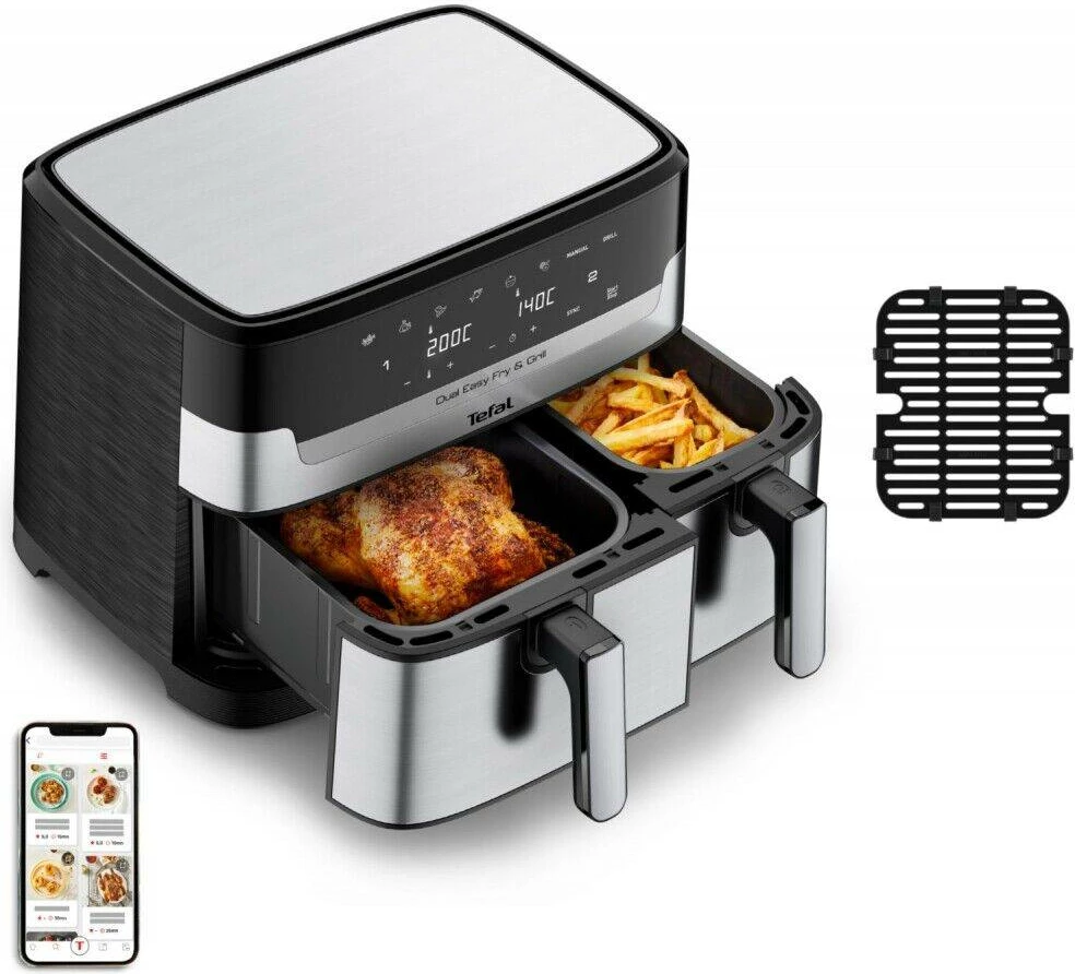 Fritezë me ajër Tefal Dual Easy Fry & Grill EY905D10 5.2 L + 3.1 L, e zezë/argjendtë