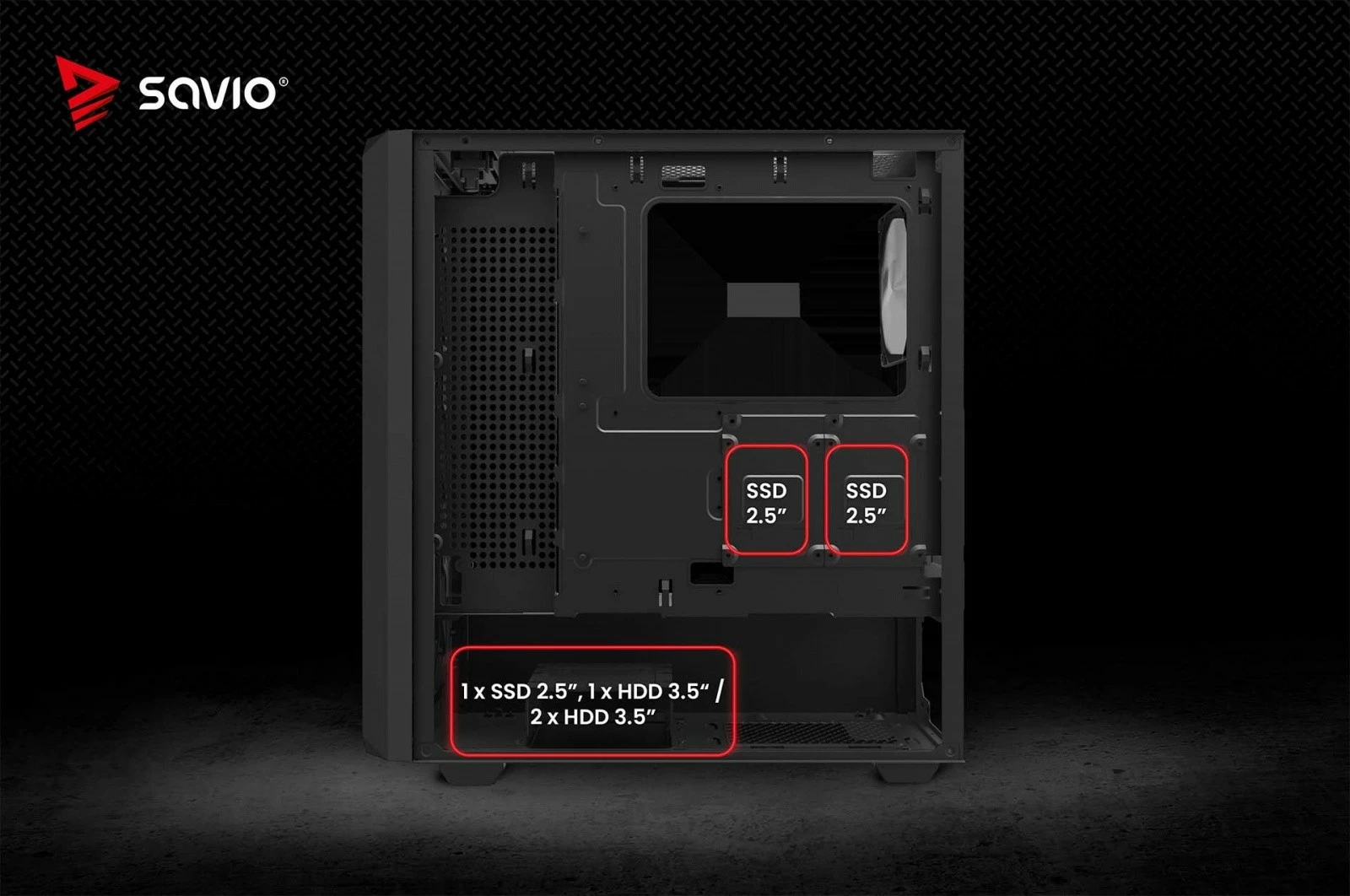 Kasë PC Savio NOCTIS GLASS RGB X1 midi tower ATX/mATX/Mini‑ITX me 4 ftohës RGB PWM, panel xhami të temperuar, filtra pluhuri, e zezë