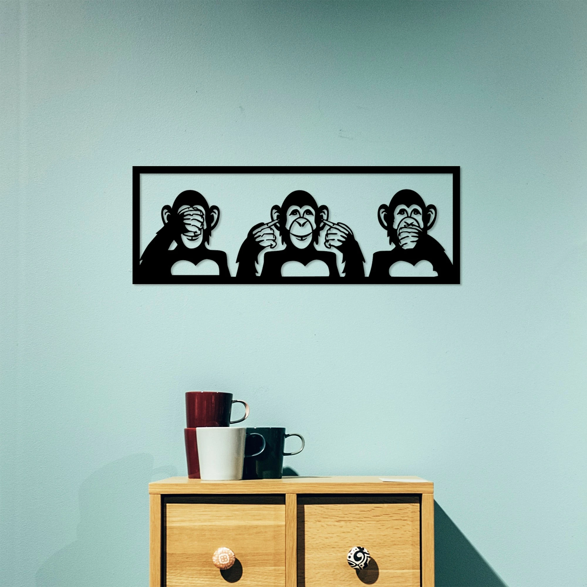 Aksesor dekorativ metalik për mur, tre majmunët, Wallity, i zi, 70x25cm