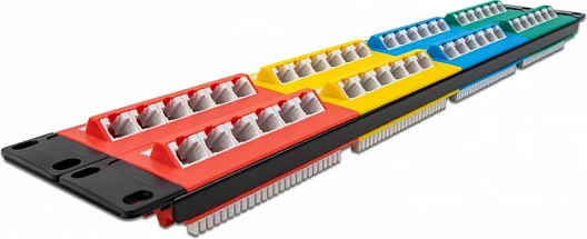 Patch panel rrjeti DeLOCK 19″, 48 porta Cat.5e, 2U, RJ-45/LSA, me etiketa, multingjyra
