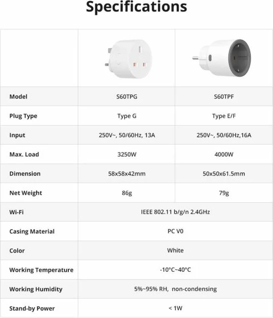Prizë smart Wi‑Fi SONOFF S60TPF, matje e konsumit, 16A 4000W, Type E/F, e bardhë
