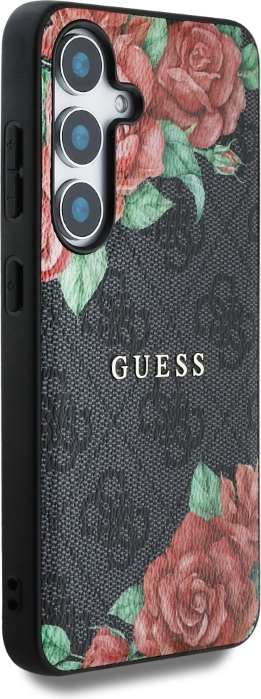 Mbështjellës Guess Leather 4G Flowers Print Metal Classic Logo MagSafe për Samsung Galaxy S25, Zi