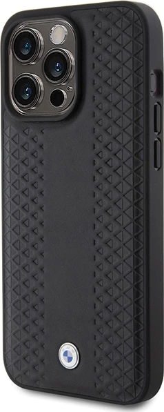 Mbështjellës BMW Leather Diamond Pattern për iPhone 15 Pro, i zi